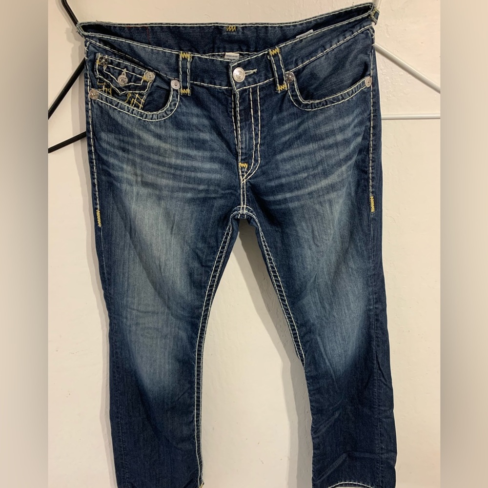 True Religions Mens Size 38 Triple Stitch Thick Jeans Blue Dark